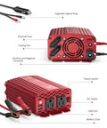 Red Power Inverter 500W DC 12V To 110V AC With Alligator Battery Clamp, Dual USB Car Charger, 2 AC Outlets detailed view