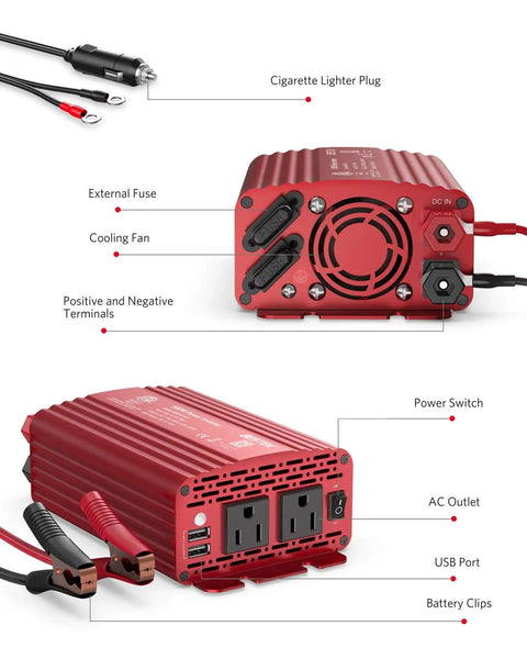 Red Power Inverter 500W DC 12V To 110V AC With Alligator Battery Clamp, Dual USB Car Charger, 2 AC Outlets detailed view