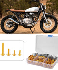 Universal Motorcycle Fairing Bolt Kit With M5 And M6 Aluminum Bolts Washers And Speed Clips All In One Replacement Hardware Set For Most Sportbikes Gold Finish Beefy Corrosion Resistant Fasteners With Easy Install, packaging shown with motorcycle backdrop.