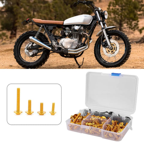Universal Motorcycle Fairing Bolt Kit With M5 And M6 Aluminum Bolts Washers And Speed Clips All In One Replacement Hardware Set For Most Sportbikes Gold Finish Beefy Corrosion Resistant Fasteners With Easy Install, packaging shown with motorcycle backdrop.