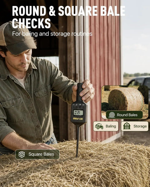 Moisture Meter With 20 Inch Probe For Hay Bales, Round And Square Bale Moisture And Temperature Checker With Fast Backlit Readings, Calibration Clip Included, Black Handle, measuring square bale