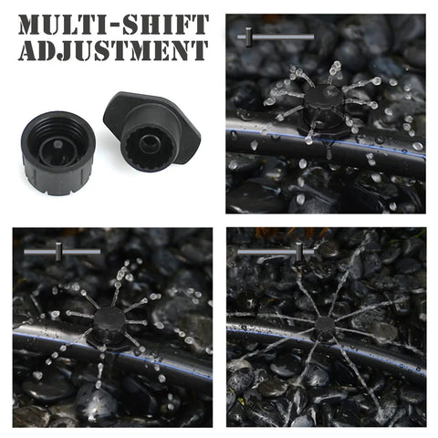 Close-up of 100 Pcs Adjustable Drip Irrigation Emitters Sprinklers For One Quarter Inch Barbed Hose Micro Drip System installed on hose