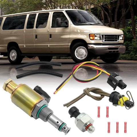 7.3 Power Stroke IPR Valve and Pressure Sensor Kit for Ford F Series Super Duty Trucks F250 F350 F450 F550 1995-2003 Replacement displayed with parts and a Ford van
