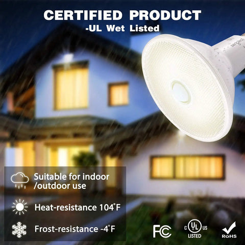 Outdoor Flood Light Bulbs Motion Activated PAR38 LED With Dusk To Dawn Sensor Waterproof Weather Resistant Porch Lights 3000K Warm White 1500 Lumens Energy Saving No Fuss Setup 4 Pack, illuminated near house