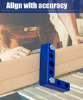 Dead Accurate Mini Center Finder For Woodworking Enthusiasts Featuring A 90 Degree Layout Square With Dowel Pins To Nail Projects Without Breaking A Sweat, blue layout square aligning wood.