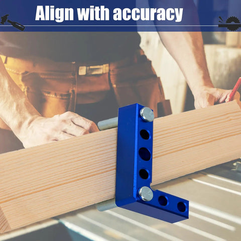 Dead Accurate Mini Center Finder For Woodworking Enthusiasts Featuring A 90 Degree Layout Square With Dowel Pins To Nail Projects Without Breaking A Sweat, blue layout square aligning wood.