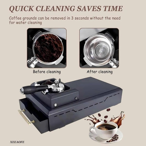 Rugged Electric Automatic Portafilter Coffee Grounds Cleaner And Espresso Knock Box with before and after cleaning images.