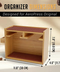 AeroPress Organizer Stand Bamboo Coffee Caddy Station for AeroPress accessories in brown, showing dimensions and compartments.