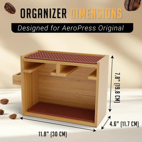AeroPress Organizer Stand Bamboo Coffee Caddy Station for AeroPress accessories in brown, showing dimensions and compartments.