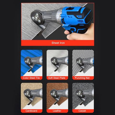 Heavy Duty Cordless Electric Metal Shears With 360 Degree Rotating Head And 2500Mah Battery cutting sheet metal, leather, and cardboard.