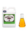 Pro Grade 100 Percent Pure Tung Oil Wood Finish That Penetrates Deep, Food Safe And Waterproof Sealer For Indoor And Outdoor Projects, 32 Fl Oz One Pack with a small glass beaker on the side.