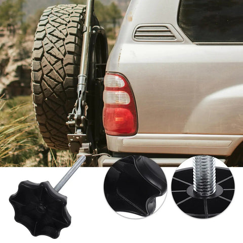 Spare Tire Hold-Down Bolt Replacement And Wheel Carrier Clamp Hardware For Vehicle Safety attached to SUV rear.