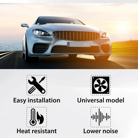 Car with text overlays about Universal Car Radiator Fan Mounting Kit With Clips And Zip Ties For Electric Hold Down Cooling Fan Mount Transmission Cooler Includes Mounting Rods Springs Clips And Foam Pads For DIY Install