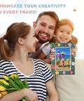 Smiling family holding a colorful Mosaic Photo Frame Kit For Kids With Glass Pebbles, showcasing a decorated picture frame.