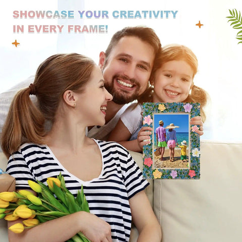 Smiling family holding a colorful Mosaic Photo Frame Kit For Kids With Glass Pebbles, showcasing a decorated picture frame.