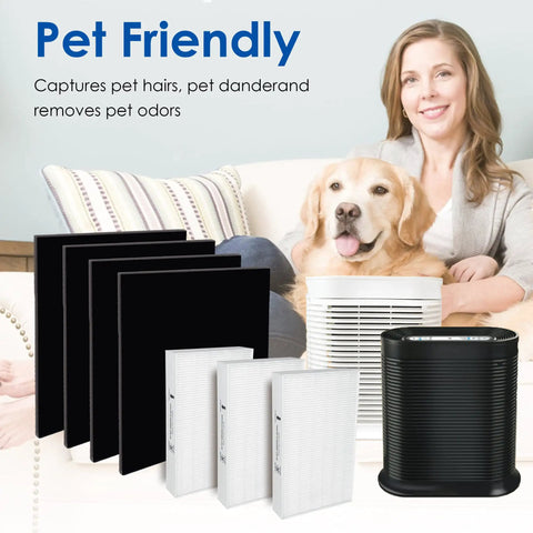 Replacement Filter Kit For Honeywell HPA300 Series Air Purifiers with H13 HEPA R and Carbon A filters shown with a dog.