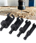 Top Shelf 4 Piece Wood Plug Cutter Drill Bit Set With Quarter Inch Hex Shank for 1/4, 3/8, 1/2, 5/8 inch plugs on wood surface.