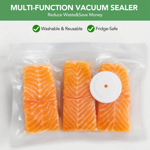 3 In 1 Mason Jar Vacuum Sealer Kit With One Touch Auto Pump vacuum seals salmon fillets in a clear bag, fridge-safe