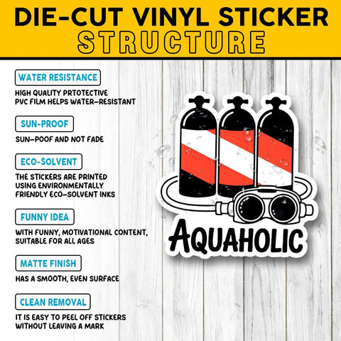 3 Piece Scuba Diving Sticker Set Dope With Funny Diver Nautical Decals Die Cut Waterproof For Laptops, featuring Aquaholic scuba tanks design.