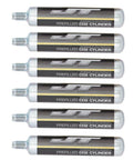 Six Pack 90G Prefilled CO2 Cylinders For Paintball Markers, Airguns, And Airbows lined up showing metal construction.