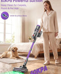 Heavy Duty Cordless Stick Vacuum with 60KPa Beast Suction, 650W Motor, deep cleaning pet hair from wood floor.