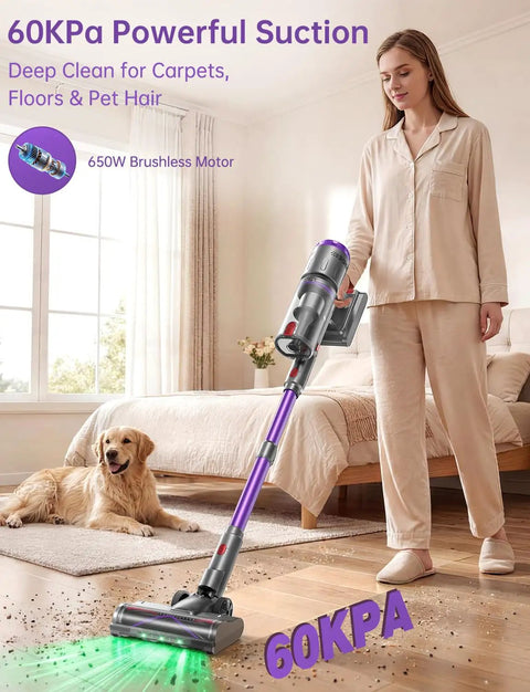 Heavy Duty Cordless Stick Vacuum with 60KPa Beast Suction, 650W Motor, deep cleaning pet hair from wood floor.