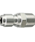 Side view of stainless steel high-pressure ball valve fitting for 3/8 in power washer hose, 4500 psi