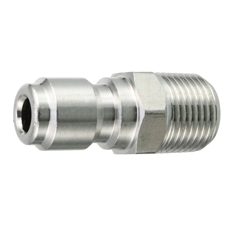 Side view of stainless steel high-pressure ball valve fitting for 3/8 in power washer hose, 4500 psi