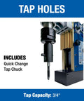 Heavy Duty Portable Magnetic Drill Press With 1100 Watt Motor And Variable Speed Control For Annular Cutting Metal Drilling Reaming Tapping And Deburring Pro Powerhouse For Rough Job Sites includes quick change tap chuck for 3/4" holes.