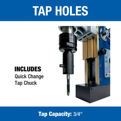 Heavy Duty Portable Magnetic Drill Press With 1100 Watt Motor And Variable Speed Control For Annular Cutting Metal Drilling Reaming Tapping And Deburring Pro Powerhouse For Rough Job Sites includes quick change tap chuck for 3/4" holes.