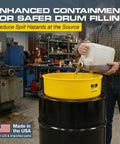 Man using Yellow Pro Grade Spill Reducing Drum Transfer Funnel for 30 and 55 gallon drums 18 inch diameter, 7 inch high walls