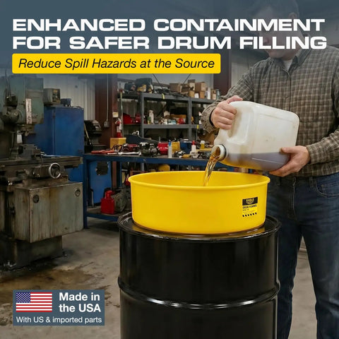 Man using Yellow Pro Grade Spill Reducing Drum Transfer Funnel for 30 and 55 gallon drums 18 inch diameter, 7 inch high walls