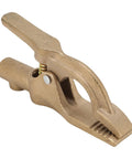 Sturdy Brass A Shaped Welding Ground Clamp With High 300 Amp Conductivity for Heavy Duty Stick and Arc Welder Jobs close-up view.