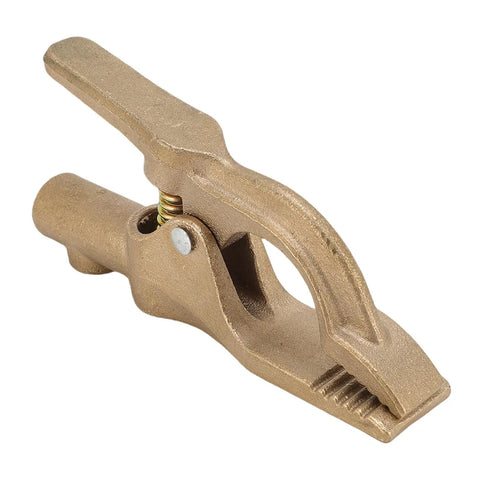 Sturdy Brass A Shaped Welding Ground Clamp With High 300 Amp Conductivity for Heavy Duty Stick and Arc Welder Jobs close-up view.