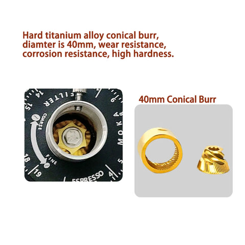 Game Changer Electric Coffee Grinder With Forty Millimeter Stainless Steel Conical Burrs And Nineteen Adjustable Grind Sizes For Perfect Drip French Press And Cold Brew Coffee Setup showing 40mm titanium alloy conical burrs.