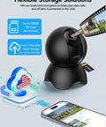 2K 5G Indoor Security Camera With Crying Detection AI Baby Monitor No Monthly Fees 360 Degree Pan Tilt WiFi Pet Camera With 2 Way Audio Auto Tracking And Local 24 7 SD Storage Up To 256GB Phone App Compatible showing flexible storage options on phone app and cloud.