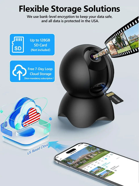 2K 5G Indoor Security Camera With Crying Detection AI Baby Monitor No Monthly Fees 360 Degree Pan Tilt WiFi Pet Camera With 2 Way Audio Auto Tracking And Local 24 7 SD Storage Up To 256GB Phone App Compatible showing flexible storage options on phone app and cloud.
