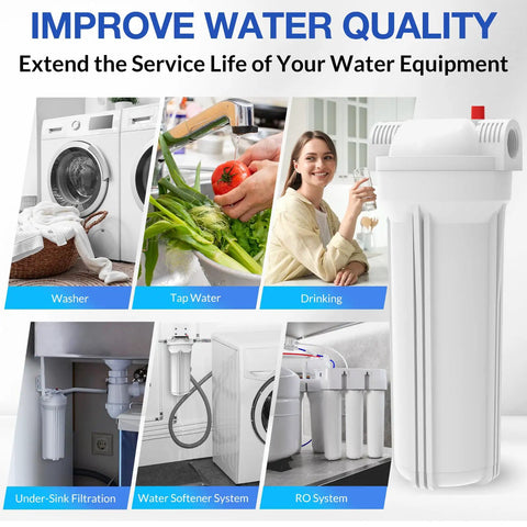 Universal 10 Inch Whole House Water Filter Housing with Heavy Duty Steel Bracket used for tap water and drinking applications.