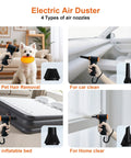Collage showing Rechargeable Electric Air Duster with different nozzles for pet hair, car, home, and inflatable bed cleaning.