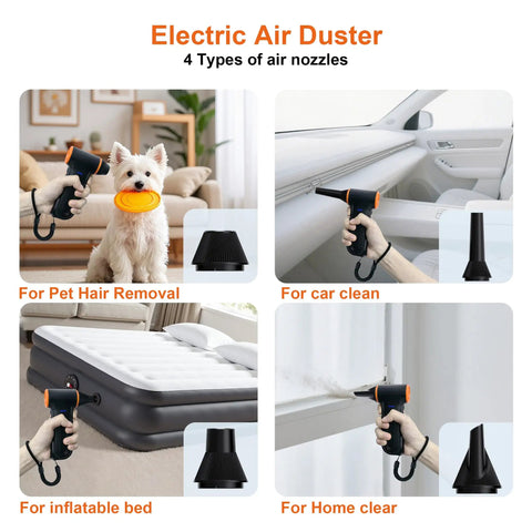Collage showing Rechargeable Electric Air Duster with different nozzles for pet hair, car, home, and inflatable bed cleaning.