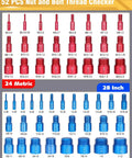 Detachable Thread Gauge Set With 52 Nut And Bolt Gauges 28 Inch And 24 Metric Box, shown with red and blue gauges.