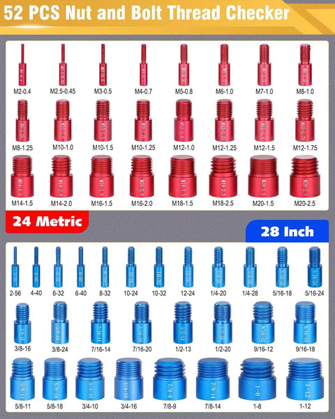 Detachable Thread Gauge Set With 52 Nut And Bolt Gauges 28 Inch And 24 Metric Box, shown with red and blue gauges.