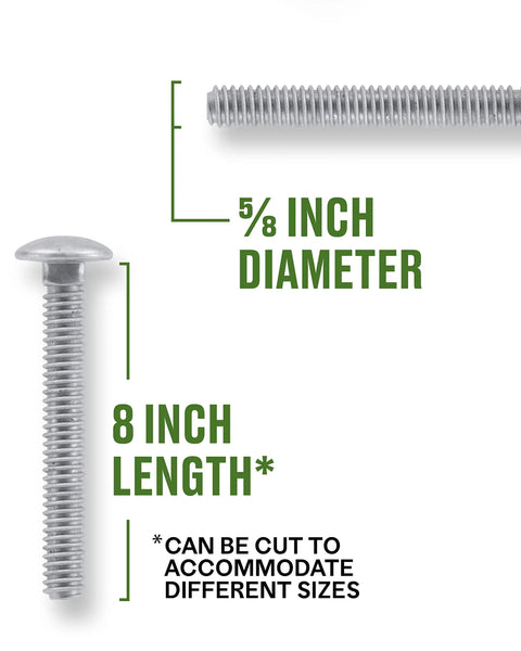 Heavy Duty Galvanized Carriage Bolts Five-Eighths Inch By Sixteen Inch, 25 Count, showing 5/8 inch diameter and 8 inch length