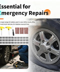 Flat tire with tools and components from Beefed Up All In One Flat Tire Repair Kit With 60 Screws, 15 Tire Plugs, Seal Strips, Screwdriver And Drill