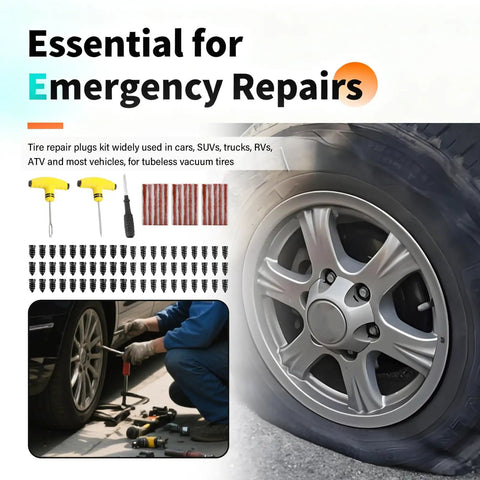 Flat tire with tools and components from Beefed Up All In One Flat Tire Repair Kit With 60 Screws, 15 Tire Plugs, Seal Strips, Screwdriver And Drill