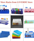 Collage of various test tube racks, including Pink 50 Hole Plastic Test Tube Rack With Silicone Pad Bottom Detachable Holder For 5ml 10ml And 15ml Centrifuge Tubes 18mm Hole Diameter Lab Organizer