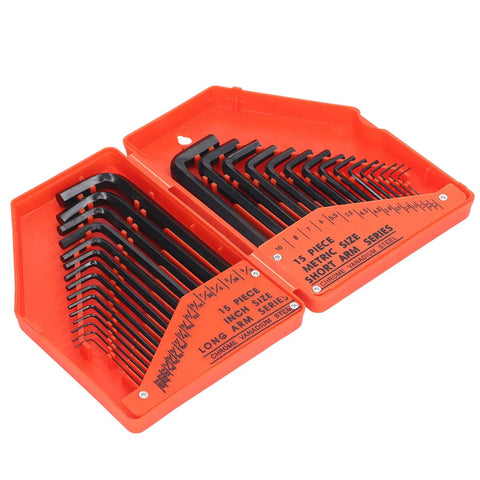 The Ultimate 30 Piece Hex Wrench Set Made From Tough 45 Steel, Featuring Inch And Metric Key Sizes For Any Home Fixer Upper Job Or Furniture Build Without Breaking A Sweat. Orange case with 15-piece inch and metric long-arm hex key sets