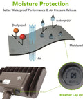 Diagram showing moisture protection features of Dusk To Dawn Outdoor 100W LED Flood Light with knuckle mount and wall plate.