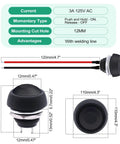 Diagram showing dimensions and specifications for 12mm Momentary Push Button Switch On Off Mini Round Waterproof Black With Pre Soldered Wires