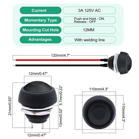Diagram showing dimensions and specifications for 12mm Momentary Push Button Switch On Off Mini Round Waterproof Black With Pre Soldered Wires